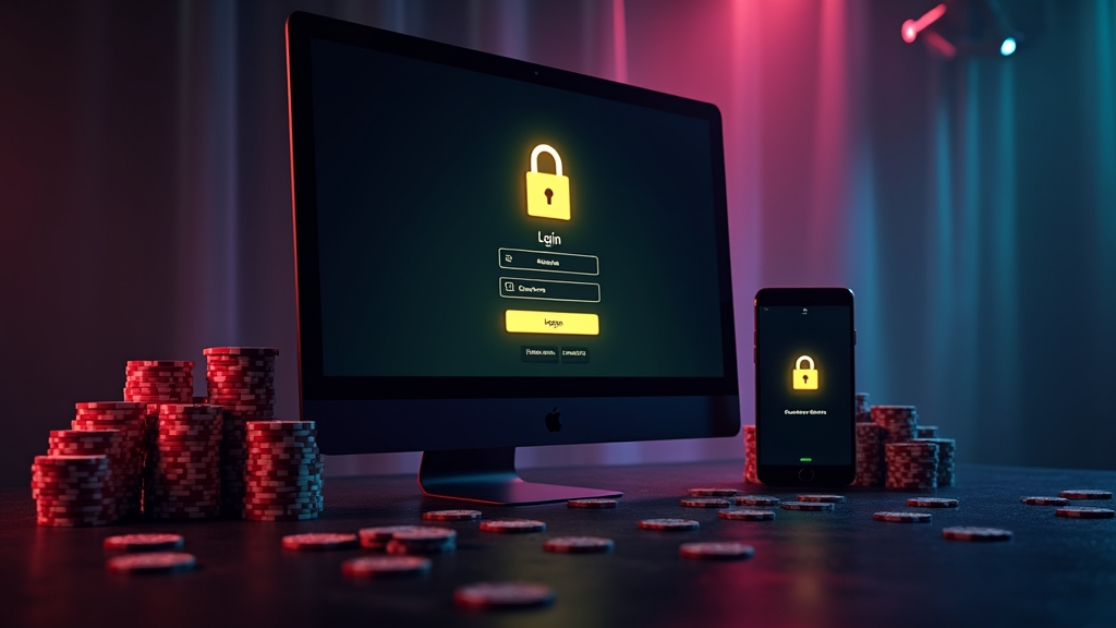 Desktop and mobile login screens in a dark casino setting
