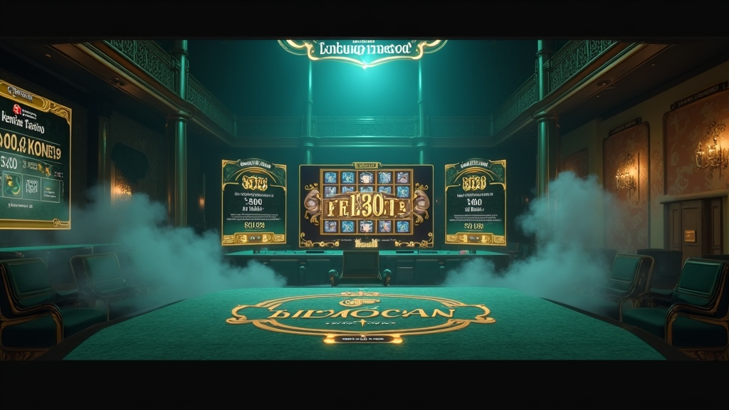 Bonus cards and promo panels glowing in a dark casino lobby