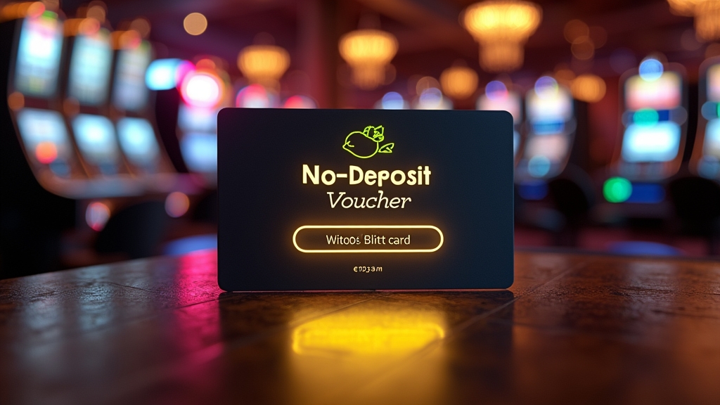 No-deposit voucher glowing beside slot machines in a dark casino
